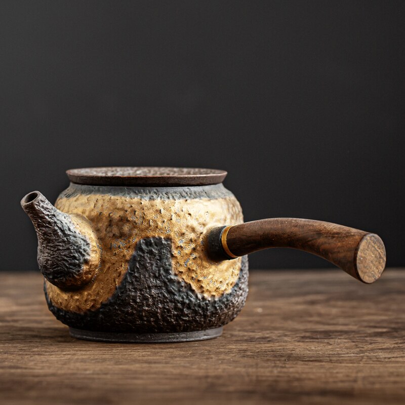 Japon Stil Seramik Kyusu Çaydanlık – 230 ml Bronz Pottery Mini Teapot (Dehua)