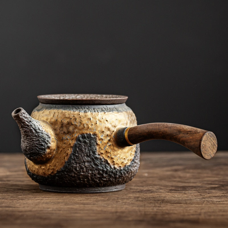 Japon Stil Seramik Kyusu Çaydanlık – 230 ml Bronz Pottery Mini Teapot (Dehua)