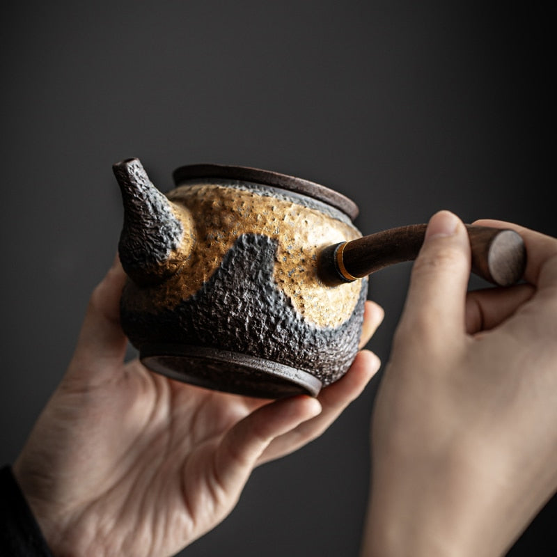 Japon Stil Seramik Kyusu Çaydanlık – 230 ml Bronz Pottery Mini Teapot (Dehua)